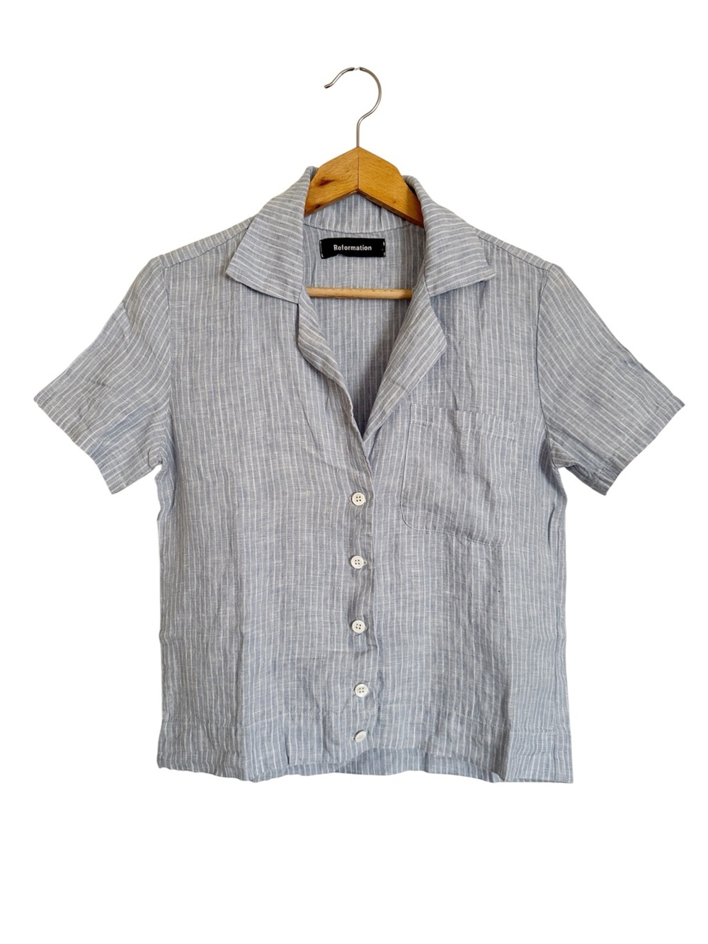 Reformation Holiday Linen Blue White Pinstripe Short Sleeve Shirt size S